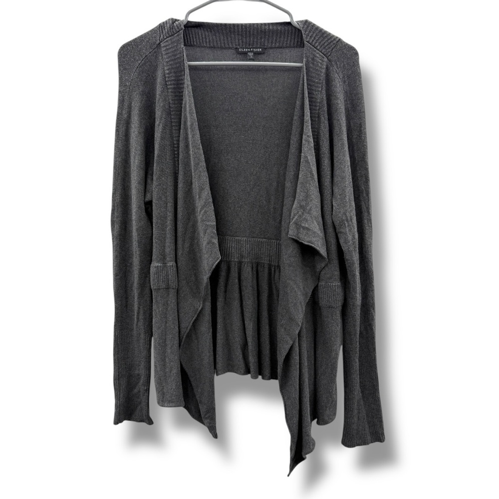 Eileen Fisher Dark Gray Knit Long Sleeve Open Waterfall Cardigan Sz M